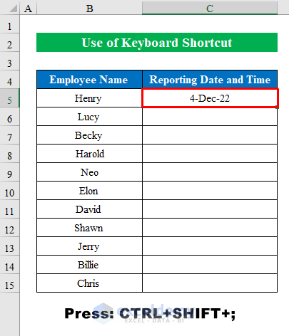 Using Keyboard Shortcuts to Combine date and time in one cell in Excel