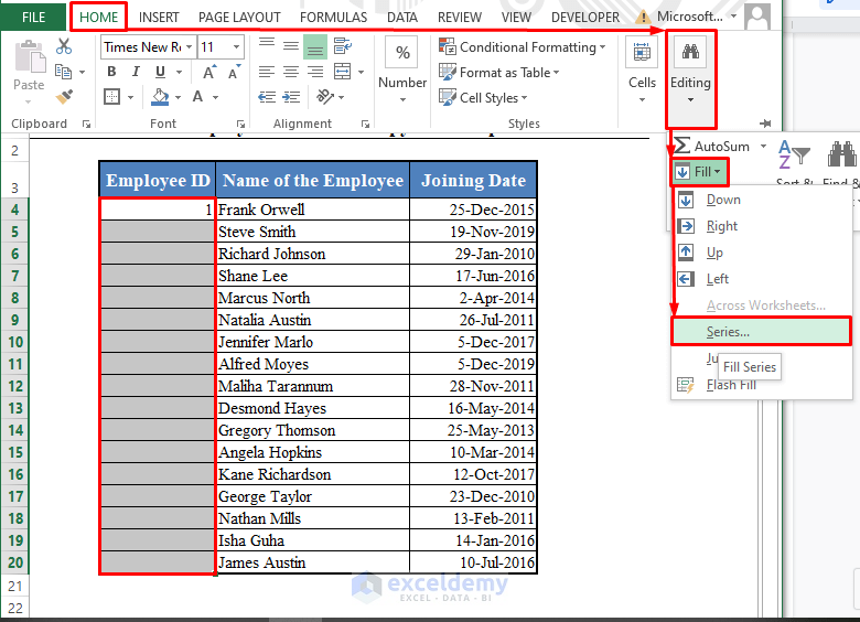 Selecting Fill Series Option from Excel Toolbar