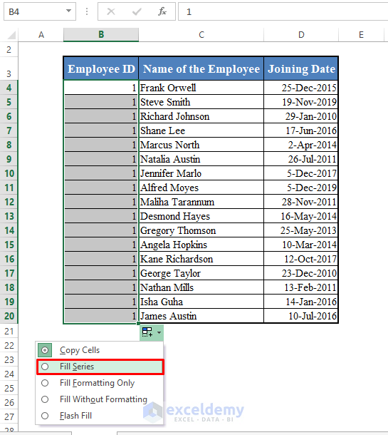 Clicking Fill Series to Fill Down to the Last Row in Excel