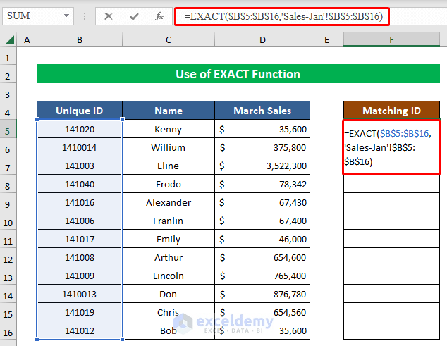 Use EXACT Function to Find Matching Values in Two Worksheets