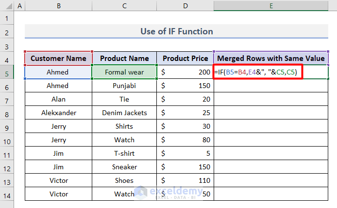 Use IF Function to Merge Rows with Same Value