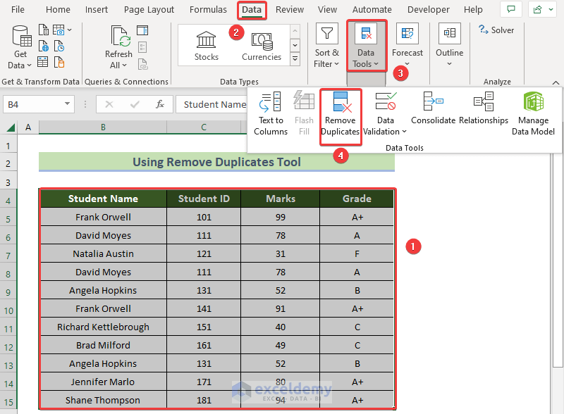 Using Remove Duplicates Tool to Remove Duplicates and Keep First Value in Excel