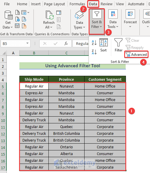 Select Advanced Filter Option to Filter Duplicates in Excel
