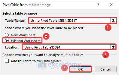 PivotTable from table or range Window