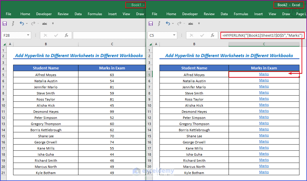 Add Hyperlink to Different Worksheets in Different Workbooks in Excel