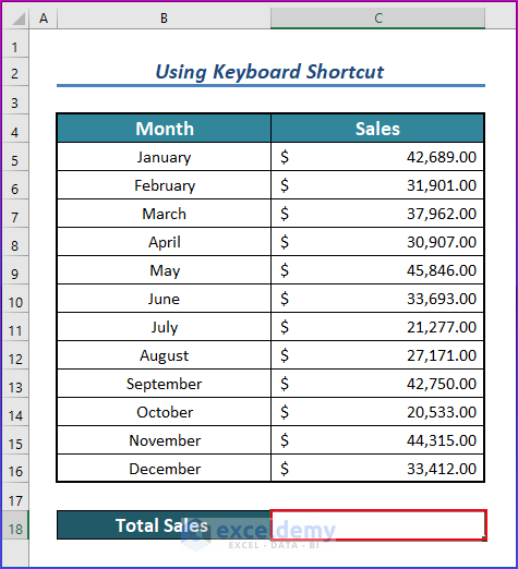 Using Keyboard Shortcut to Add Numbers in Excel