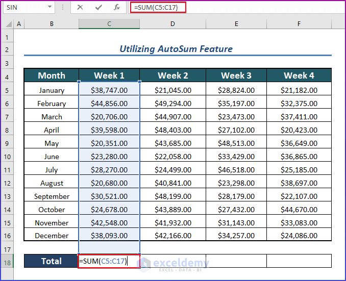 Utilizing AutoSum Feature to Add Numbers in Excel Column