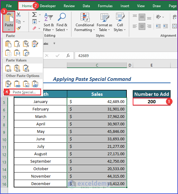 Applying Paste Special Command to Add Numbers in Existing Cell Value in Excel