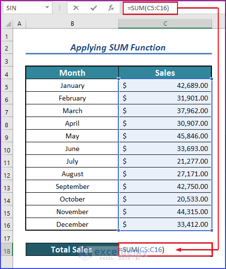 Applying SUM Function to Add Numbers in Excel