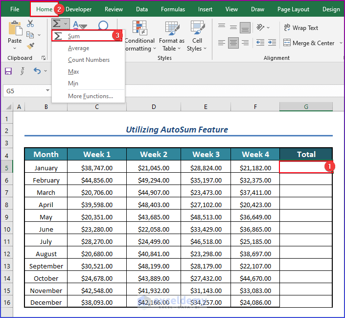 Utilizing AutoSum Feature to Add Numbers in Excel Row