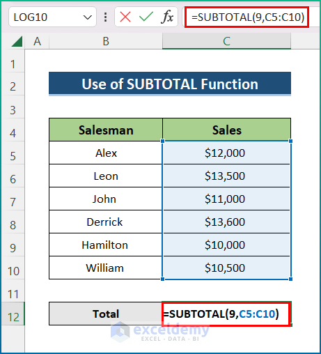 Add the Sum with SUBTOTAL Function in Excel