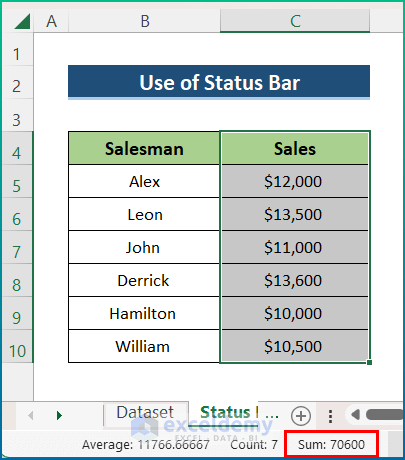 Utilize Status Bar to Add the Sum of a Column in Excel