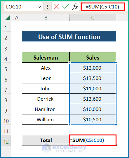 Insert SUM Function to Add the Sum in a Column in Excel