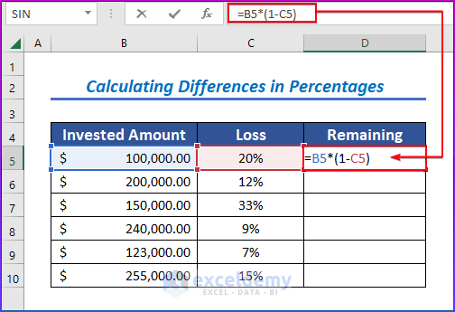 Calculating Differences in Percentages by Inserting Subtraction Formula in Excel