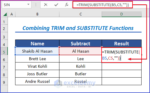 Combining TRIM and SUBSTITUTE Functions to Subtract Case-Sensitive Text in Excel