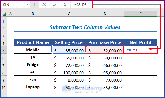 Subtract Two Column Values in Excel