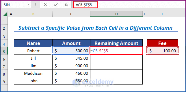 Subtract a Specific Value from Each Cell in a Different Column in Excel