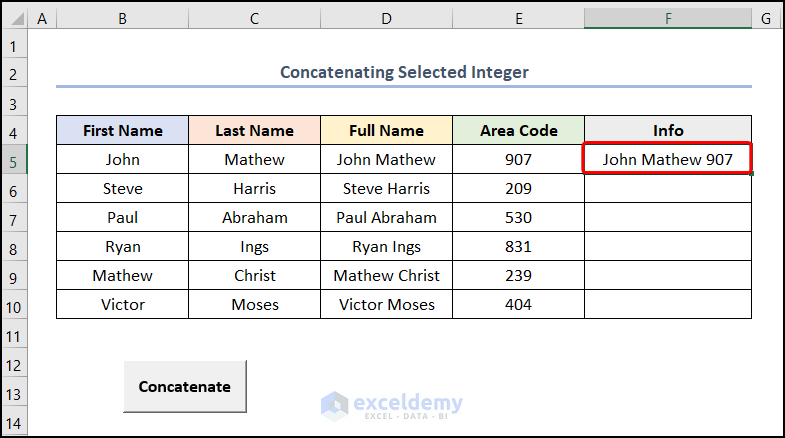 vba concatenate string and integer for selected cells