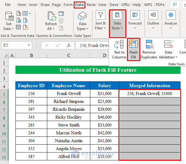 Using Flash Fill Feature to concatenate in Excel