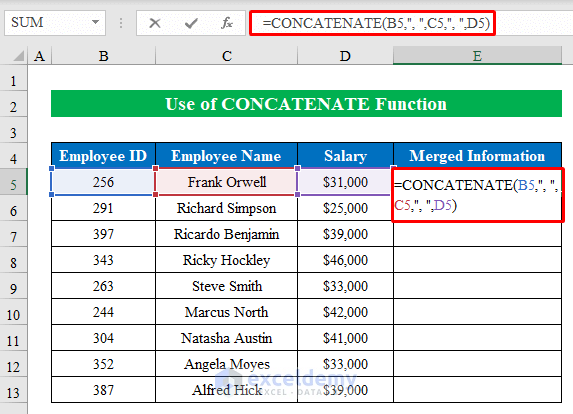 Using CONCATENATE Function to Concatenate in Excel