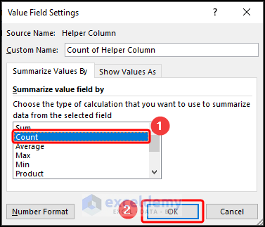 Selecting count option to count unique values excel pivot