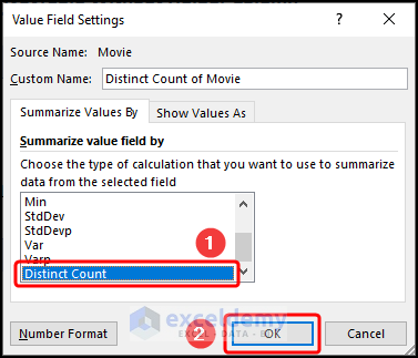 Selecting Distinct Count option