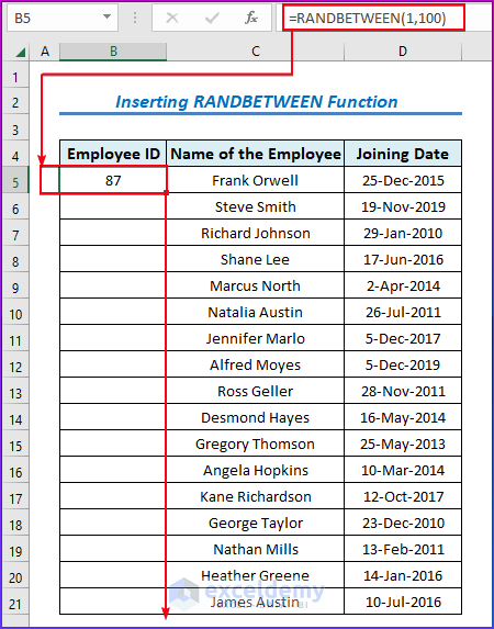 Inserting RANDBETWEEN Function to Fill Down to Last Row with Random Values in Excel