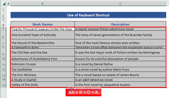 Use of Keyboard Shortcut to Make Excel Cells Expand to Fit Text Automatically Vertically