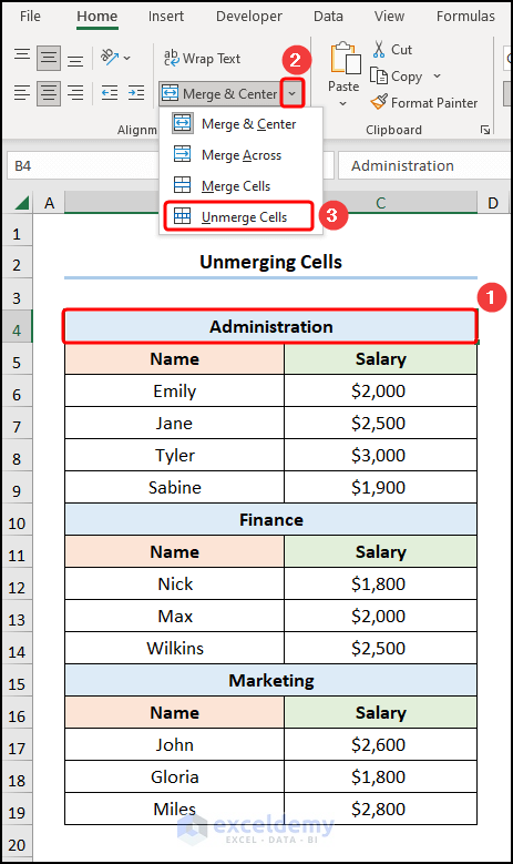 Unmerging rows in excel