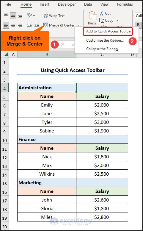 Merging Rows Through Quick Access Toolbar