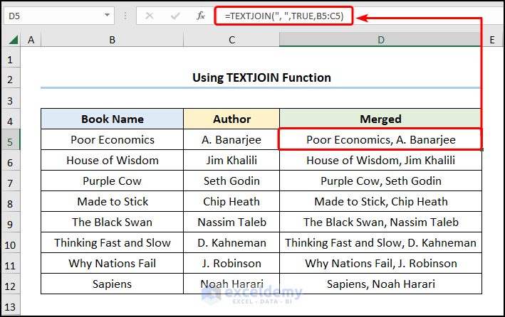 how to merge rows in excel with TEXTJOIN function