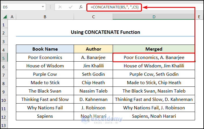 how to merge rows in excel with CONCATENATE function