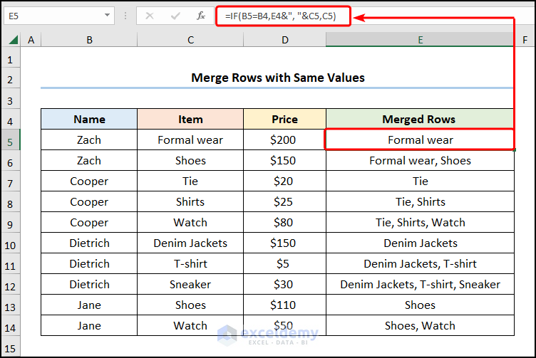 how to merge rows in excel with same value