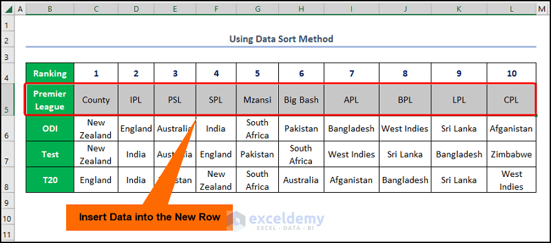 how to move a row in excel with sort data feature