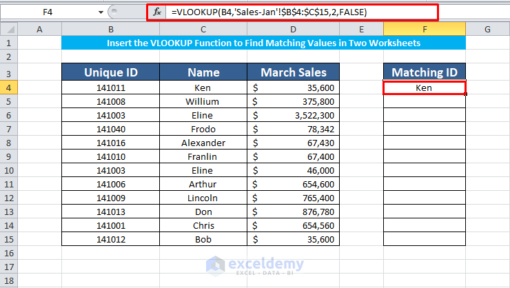 Insert the VLOOKUP Function to Find Matching Values in Two Worksheets