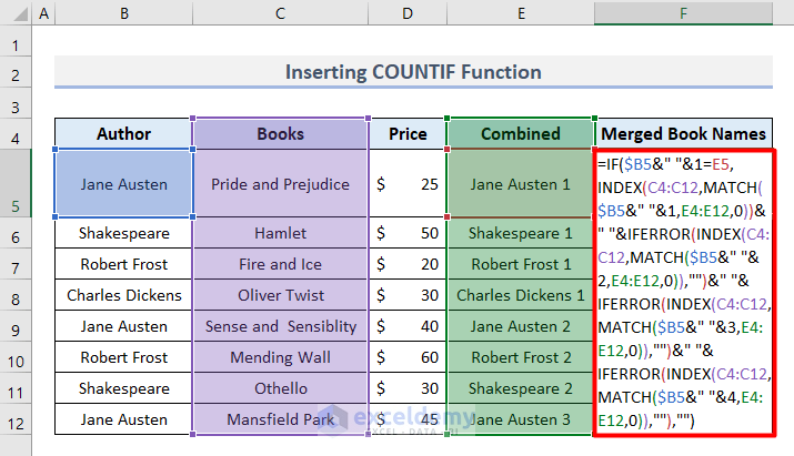 Insert COUNTIF Function to Merge Rows in Excel