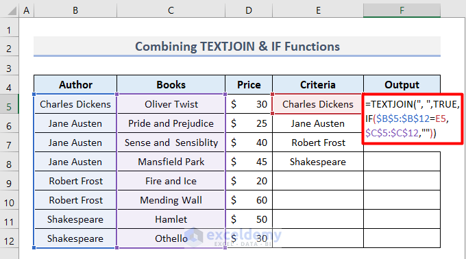 Combine TEXTJOIN & IF Functions to Merge Same Texts Based on Criteria