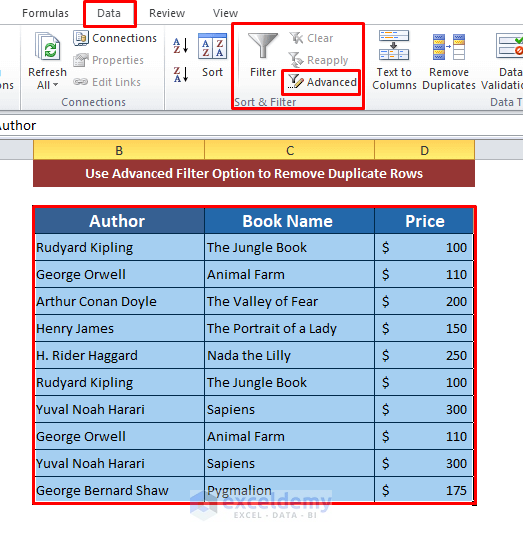 Use Advanced Filter Option to Remove Duplicate Rows