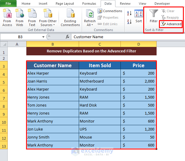 Remove Duplicates Based on the Advanced Filter in Excel