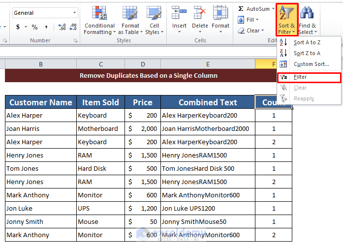 Remove Duplicates Based on a Single Column in Excel