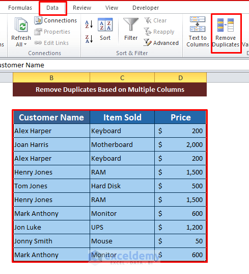  Remove Duplicates Based on Multiple Columns in Excel