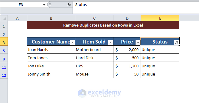 Remove Duplicates Based on Rows in Excel