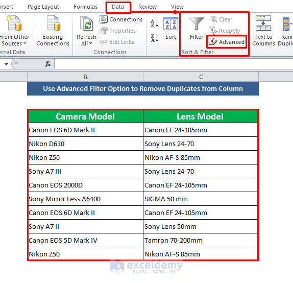 Use Advanced Filter Option to Remove Duplicates from Column