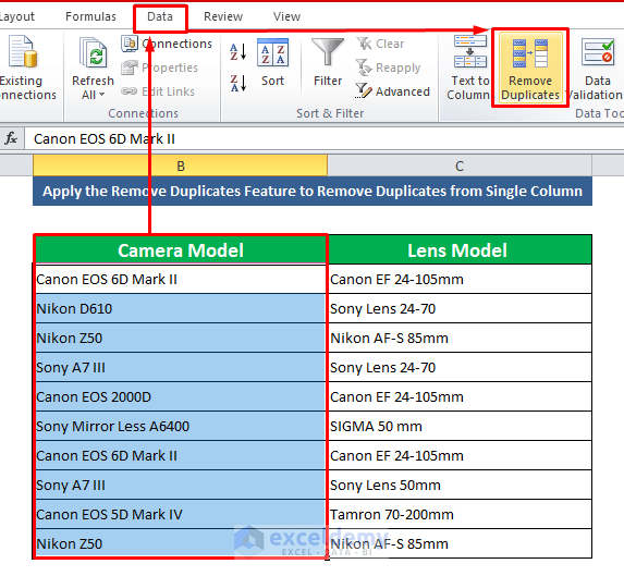 Apply the Remove Duplicates Feature to Remove Duplicates from Single Column