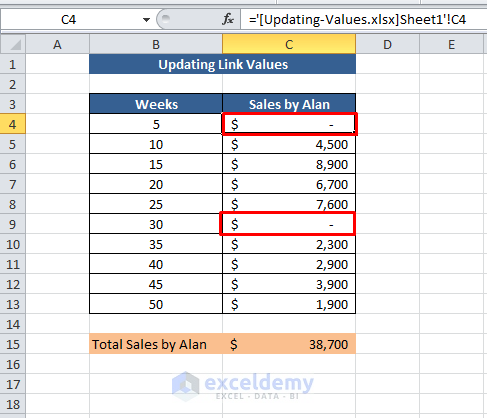 Updating Values of Links in Excel
