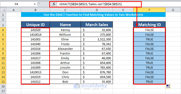 Use the EXACT Function to Find Matching Values in Two Excel Worksheets