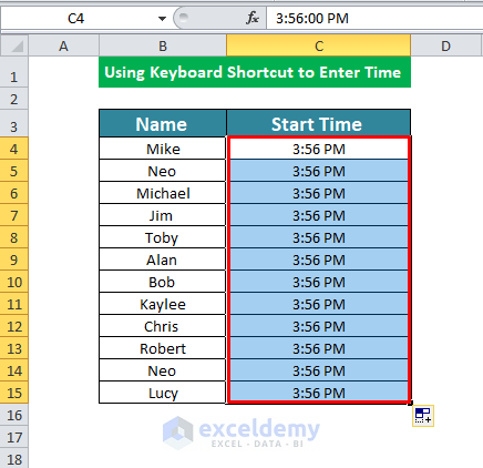Using Keyboard Shortcut to Enter Time in Excel