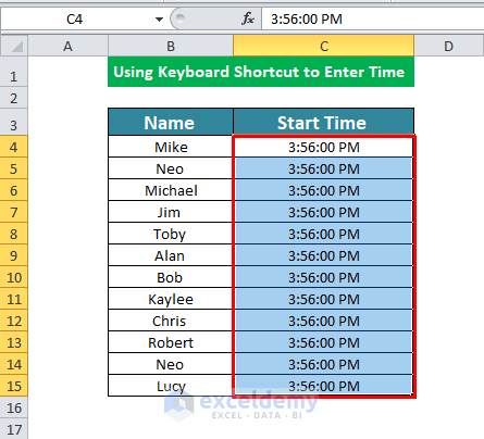 Using Keyboard Shortcut to Enter Time in Excel
