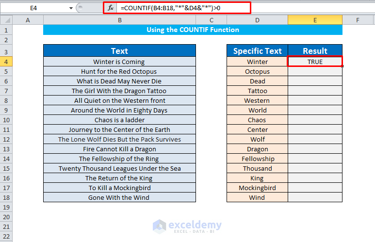  Using the COUNTIF Function to find cells contain specific texts