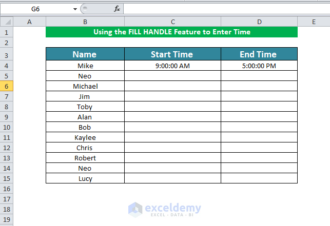 Using the FILL HANDLE Feature to Enter Time in Excel